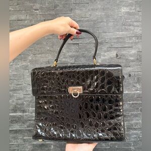 Gianfranco Ferre Black Crocodile-Patterned Satchel
